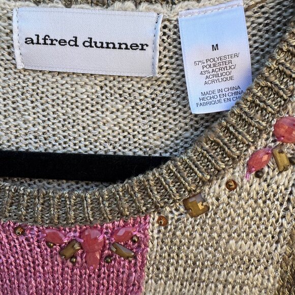 Alfred Dunner Vintage Womens Beaded Neckline Pink Tan Colorblock Knit Sweater M - Picture 2 of 9